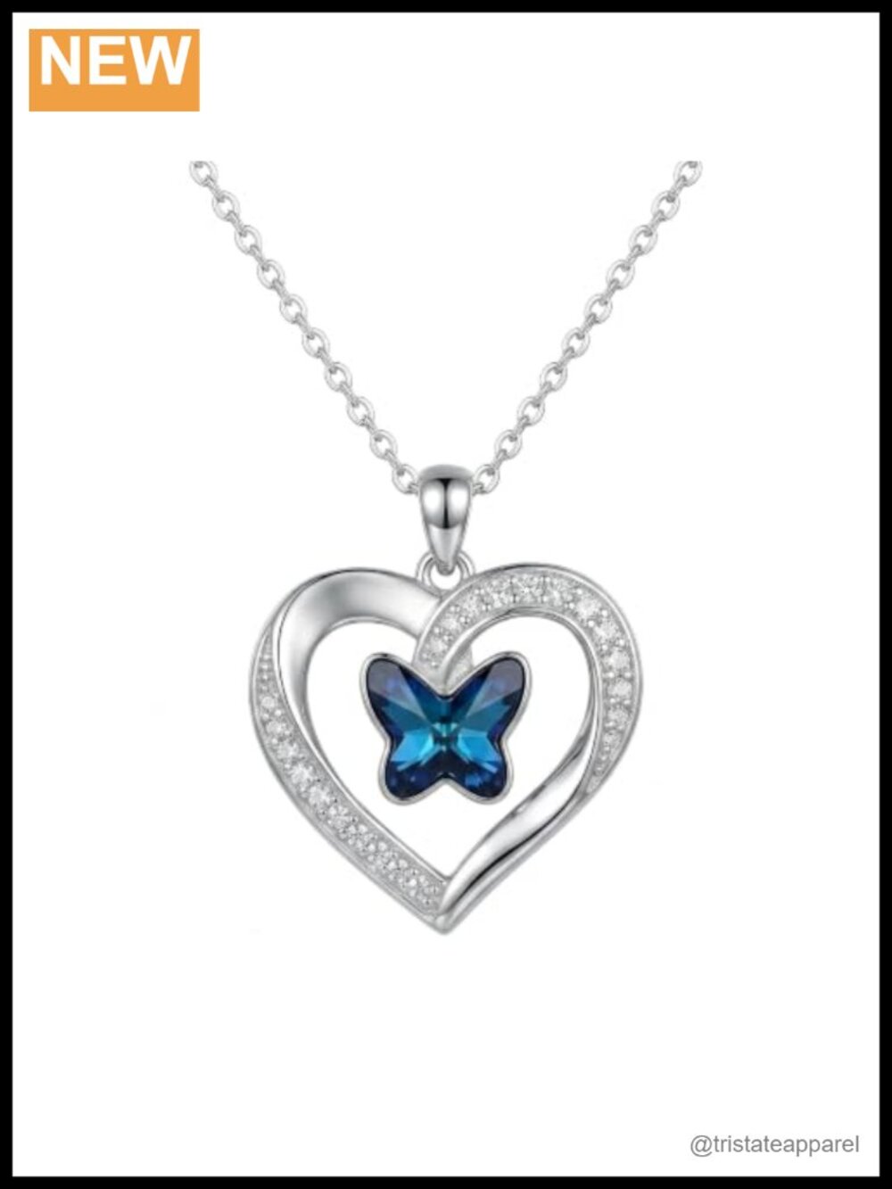 Sterling Silver White Gold Plated Heart Pendant Necklace with Blue Crystal